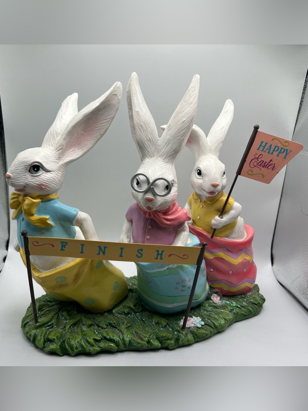 Bunny Rabbit Sack Race Happy Easter Finish Line Resin Decor